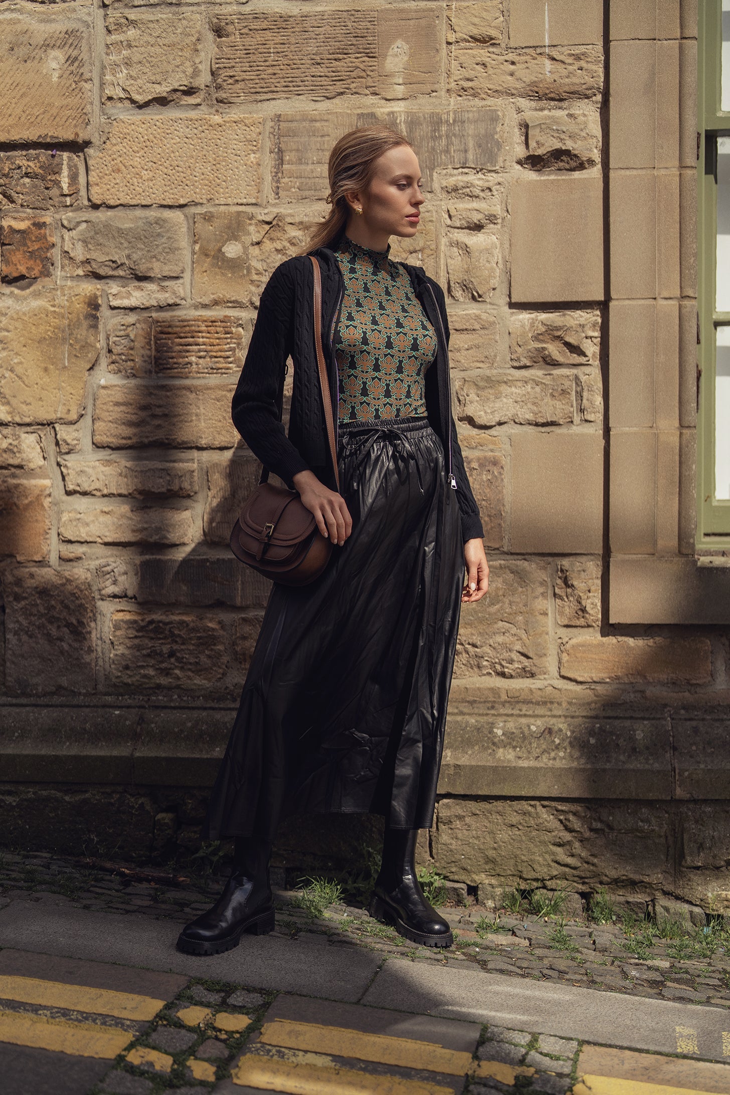 Printed Modal Turtleneck-Green/Brown Clover