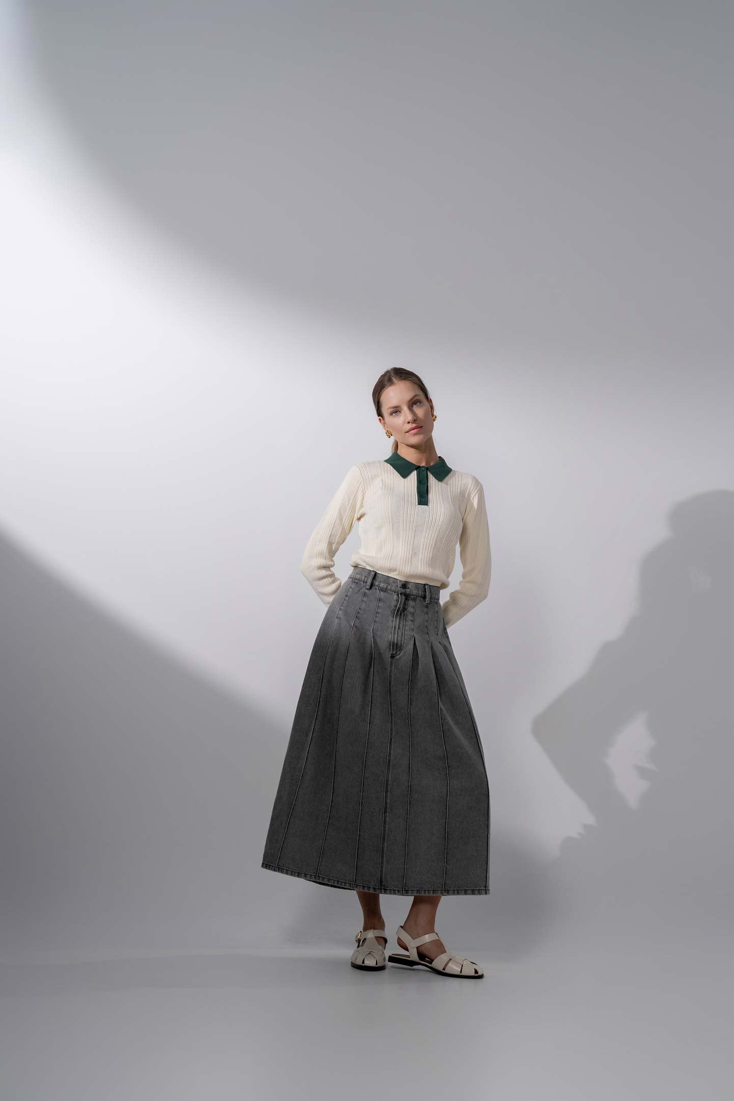 Stitched Pleated Skirt-Grey