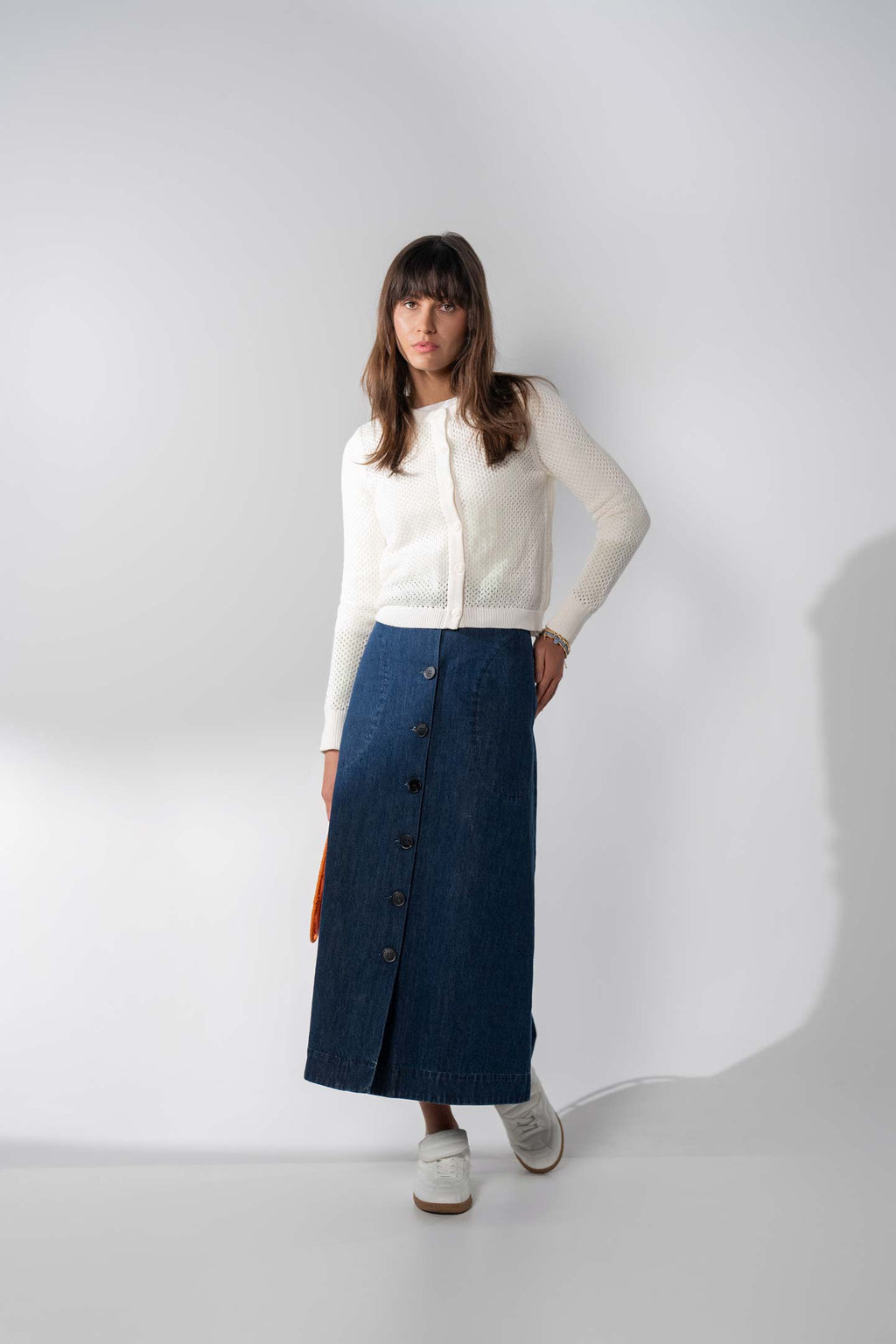 Crochet Knit Button Down Cardigan-White