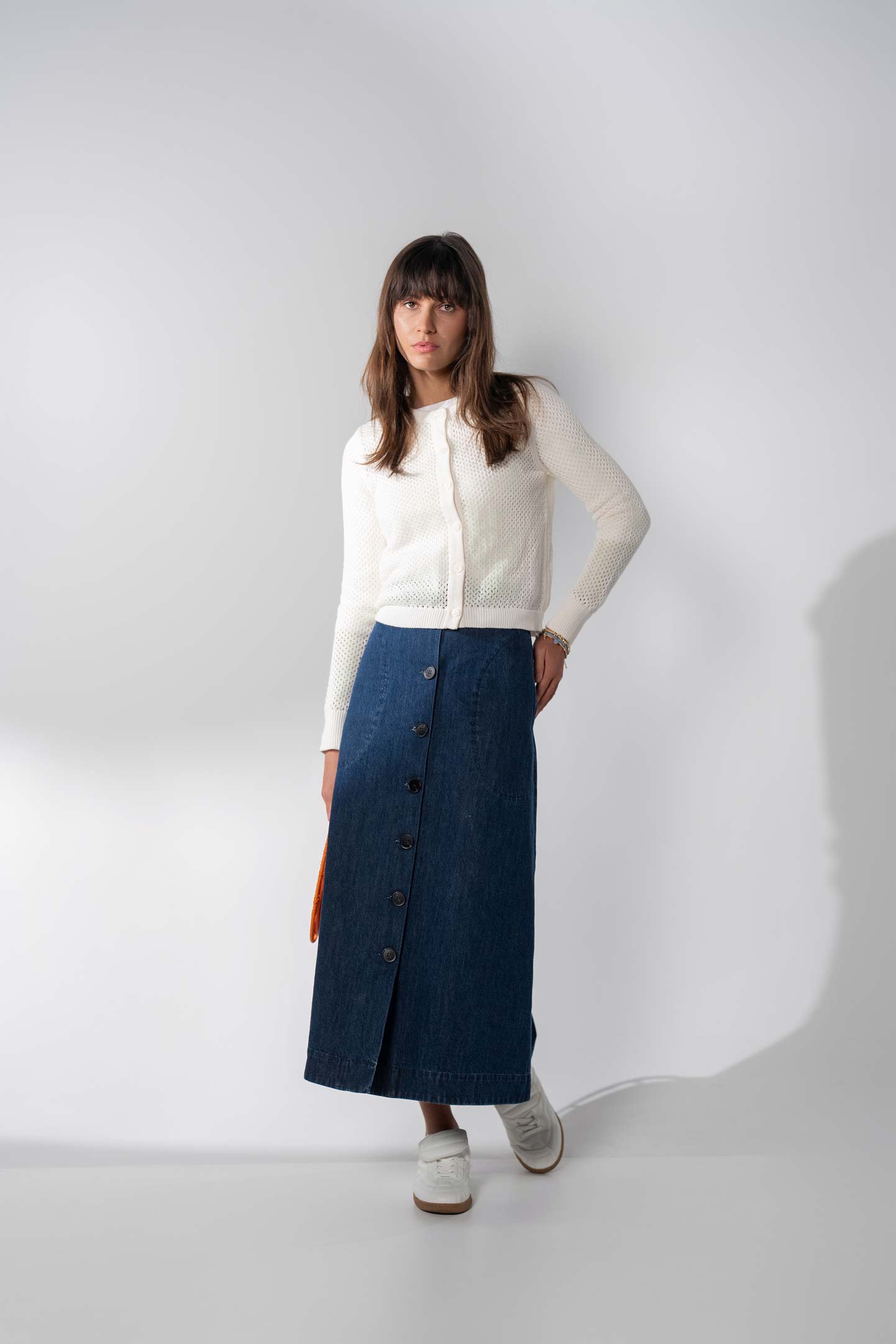 Crochet Knit Button Down Cardigan-White