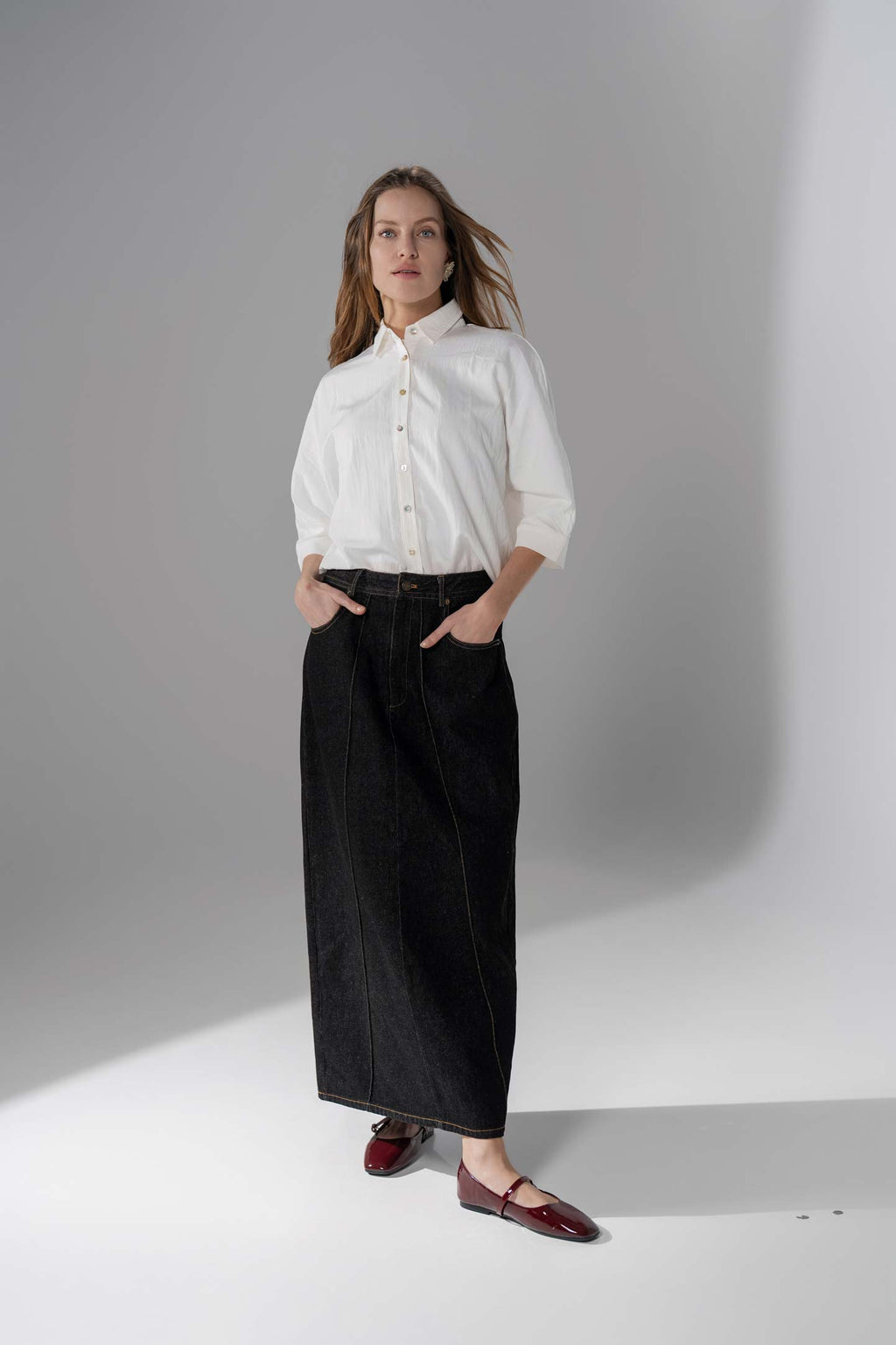 Denim Seamed Skirt-Black Wash