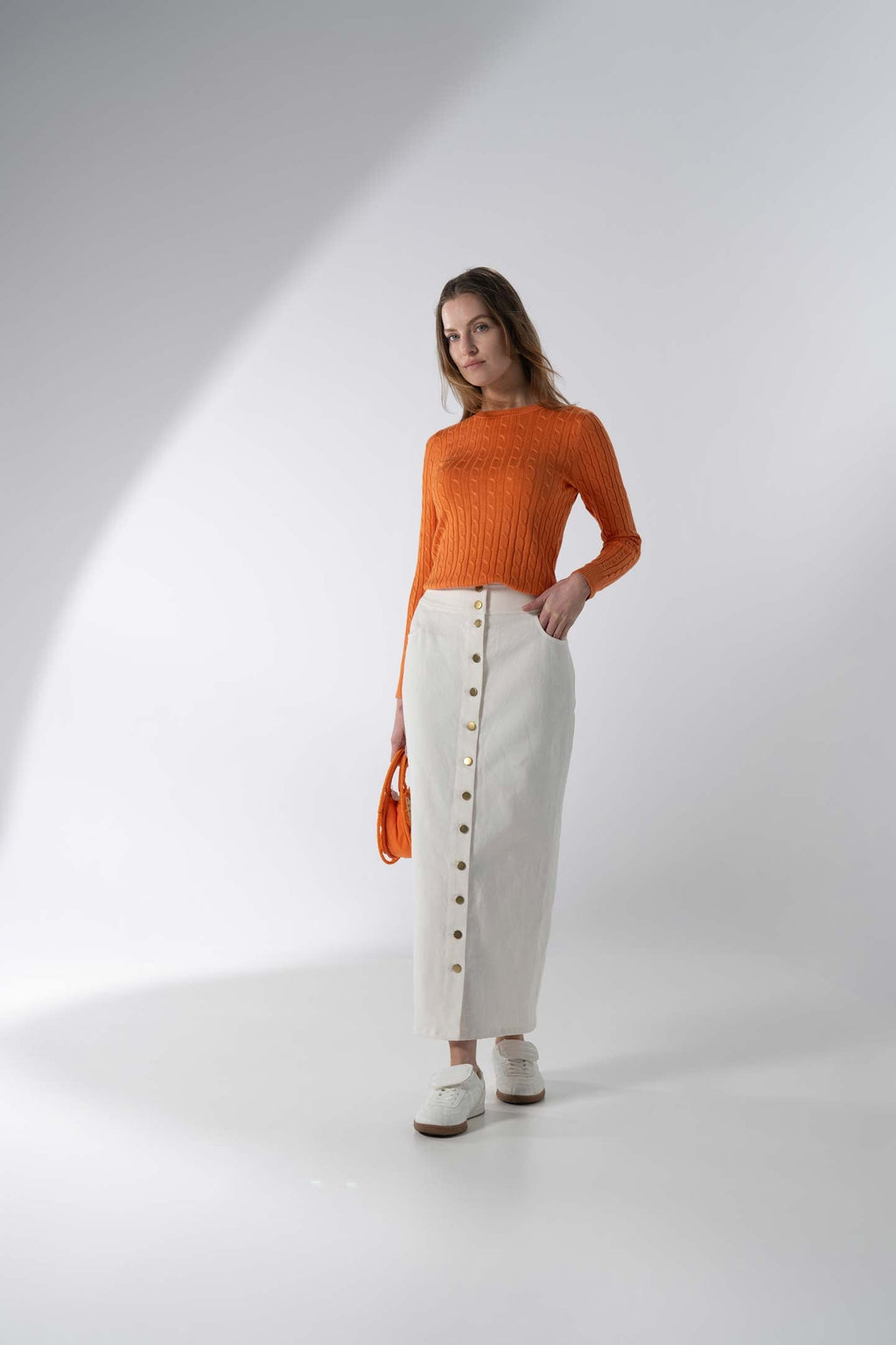 Button Down Denim Skirt-White