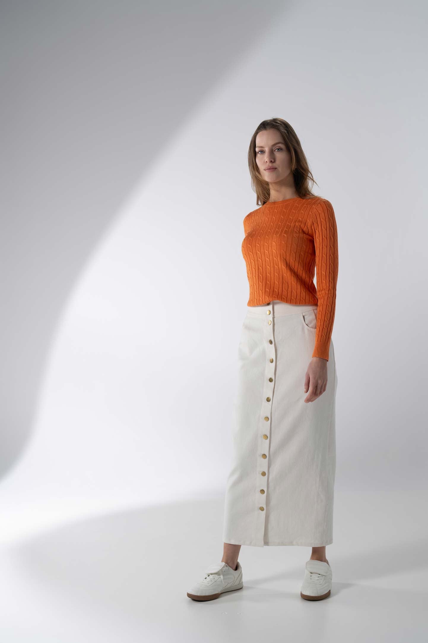 Button Down Denim Skirt-White