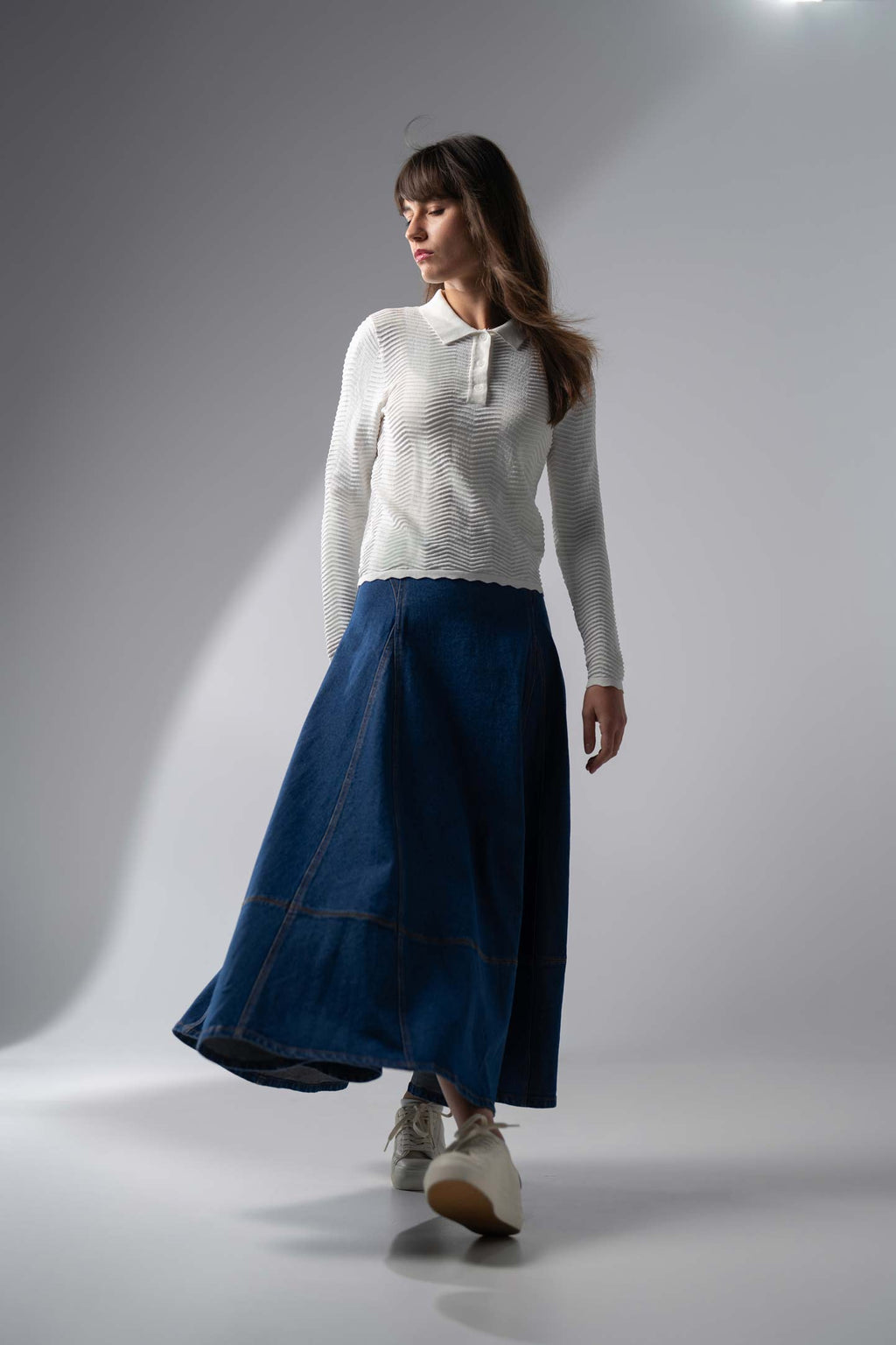 Seamed Full Circle Denim Skirt-Blue
