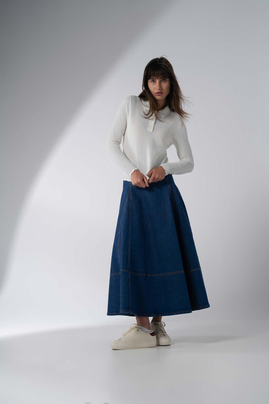 Seamed Full Circle Denim Skirt-Blue