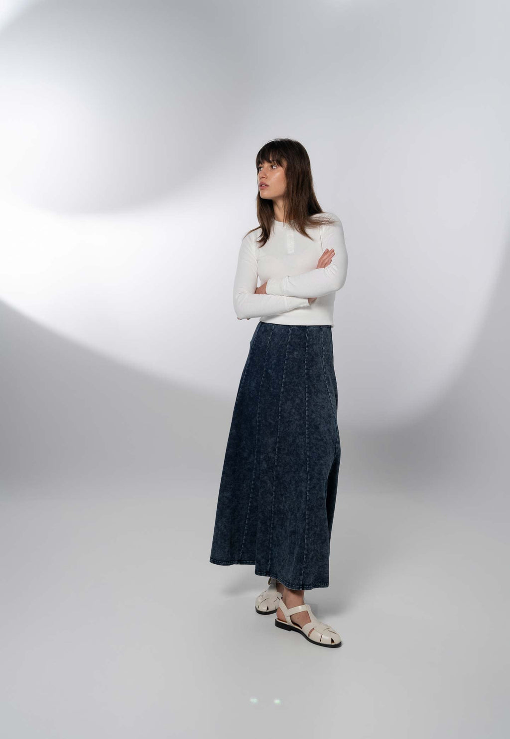 Paneled Flare Skirt 37"-Blue Wash