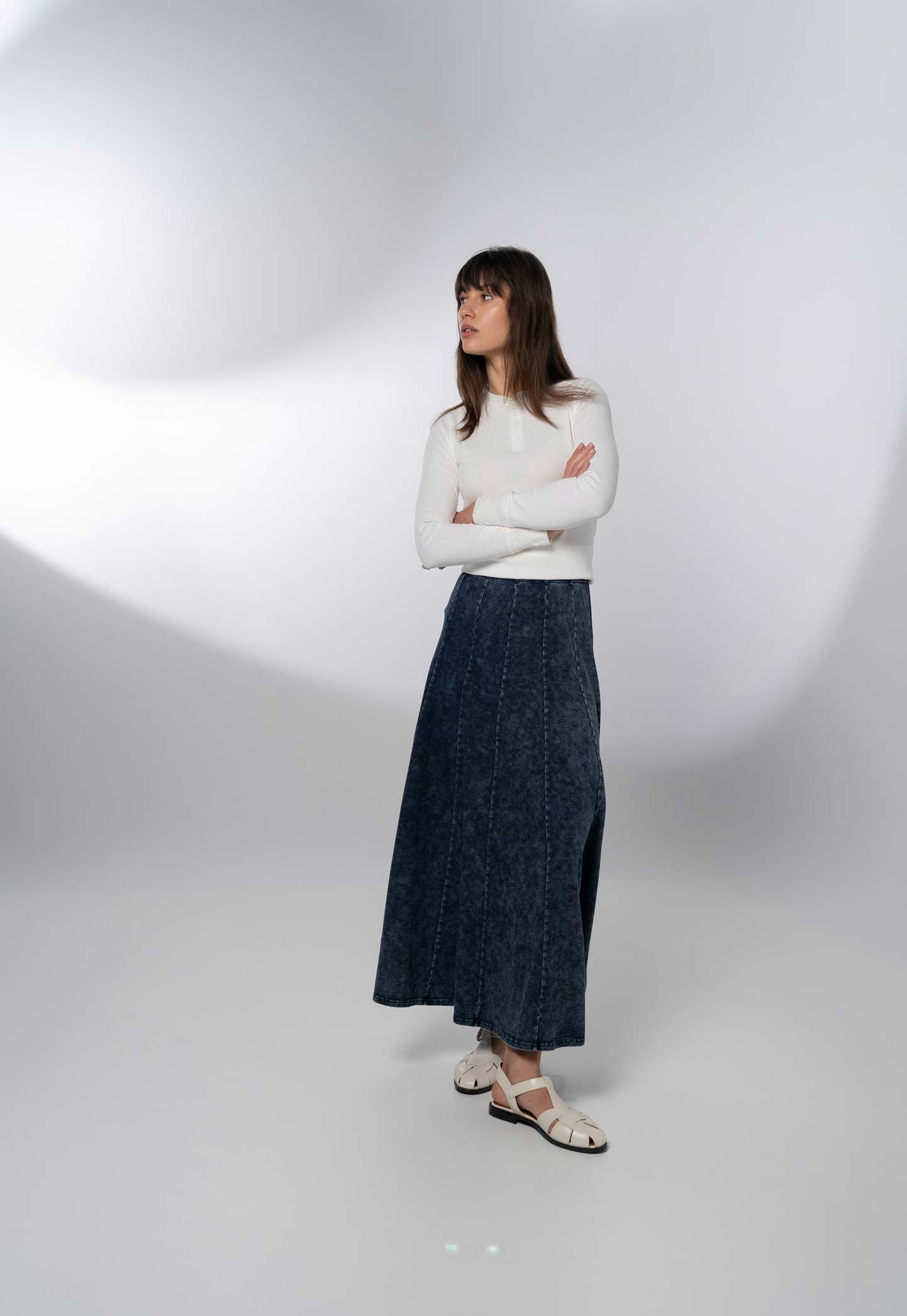 Paneled Flare Skirt 37"-Blue Wash