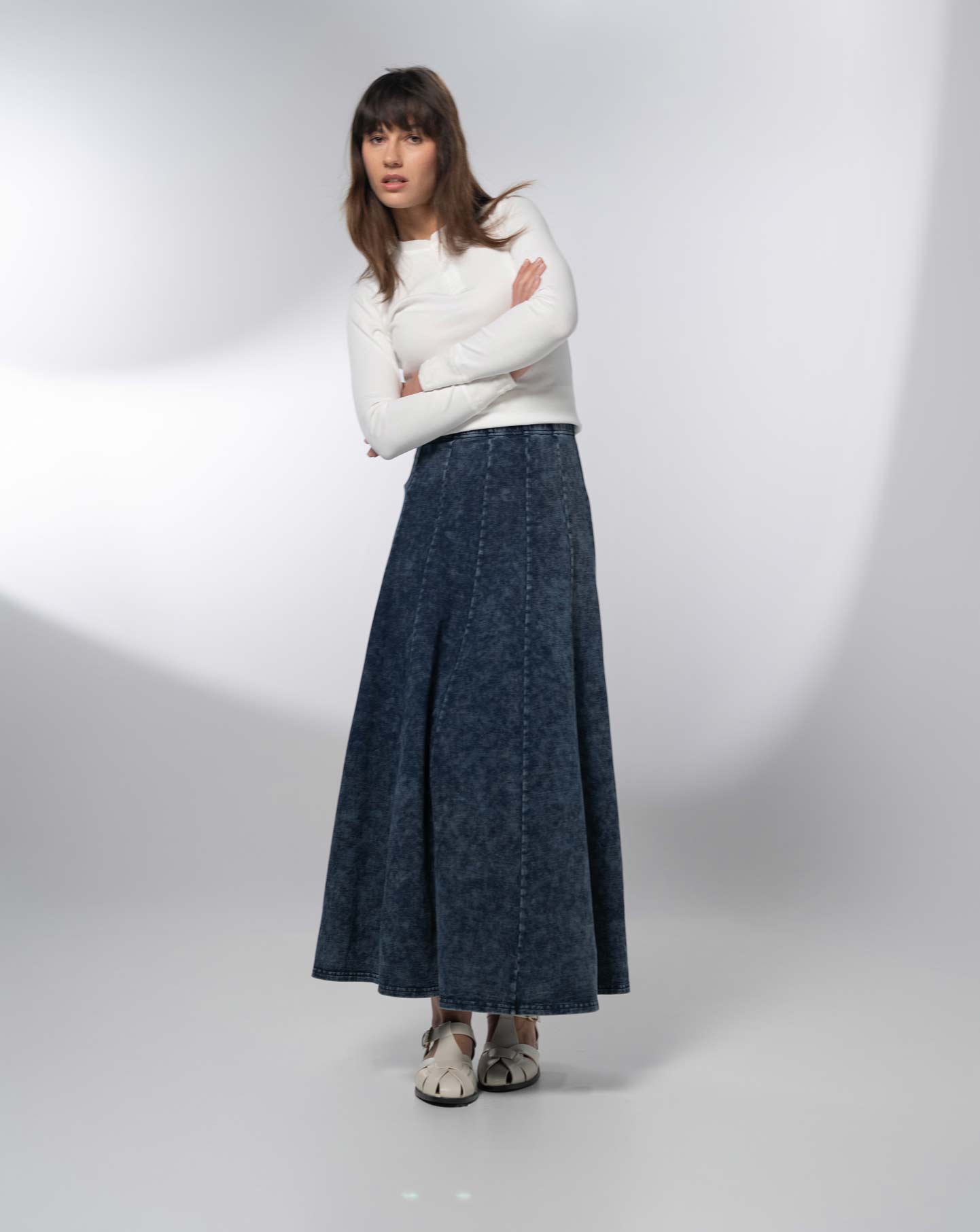 Paneled Flare Skirt 37"-Blue Wash