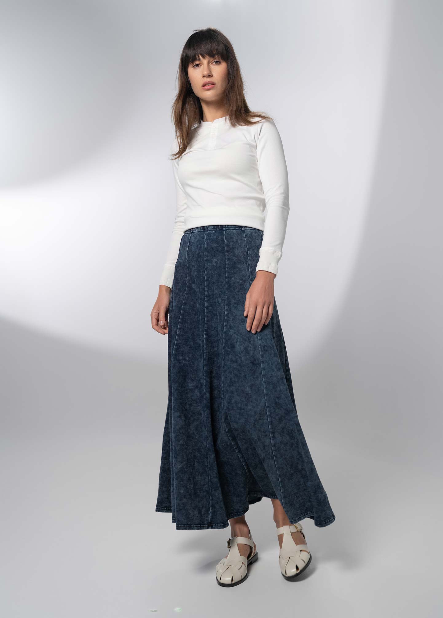 Paneled Flare Skirt 37"-Blue Wash