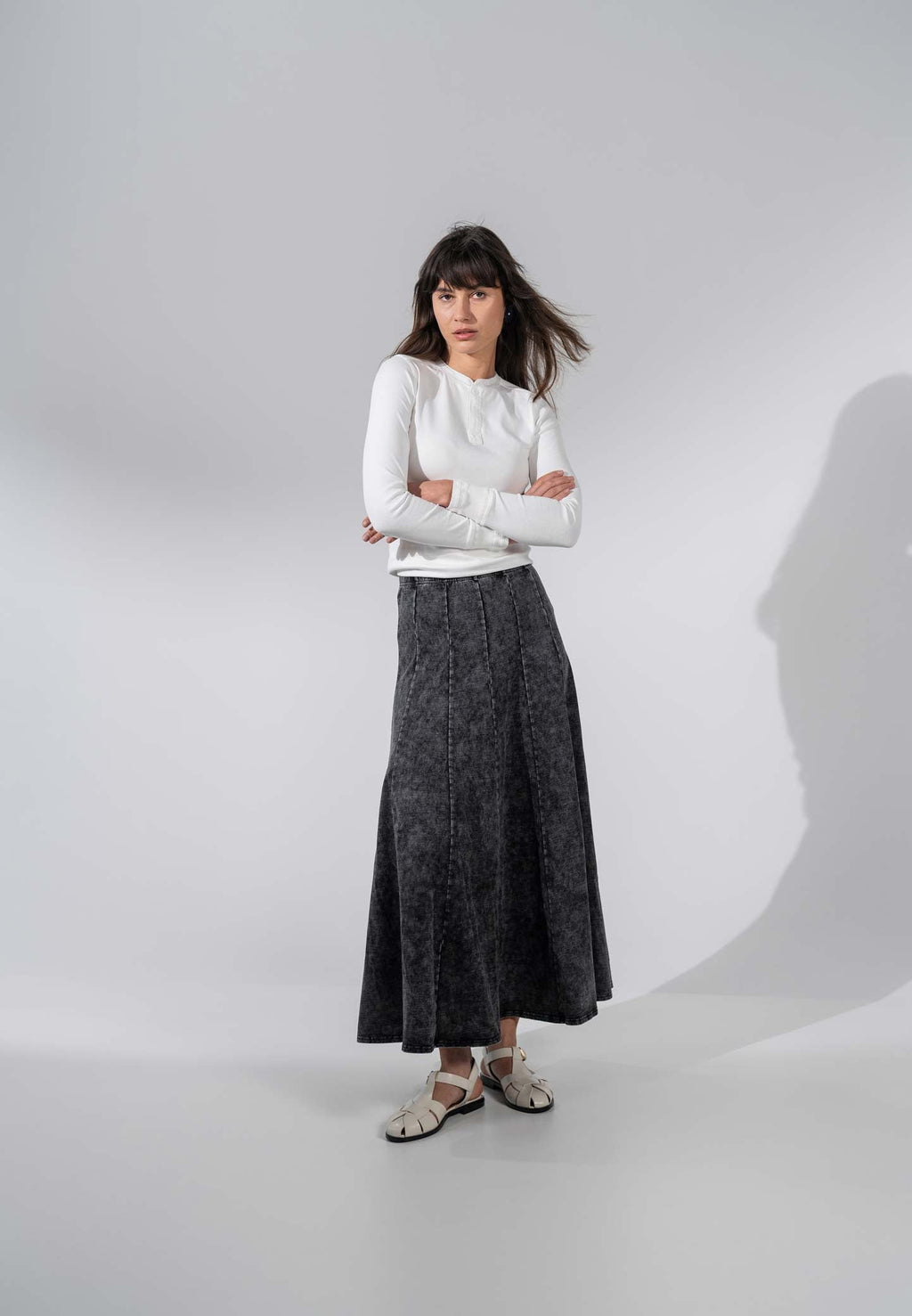 Paneled Flare Skirt 35"-Black Wash