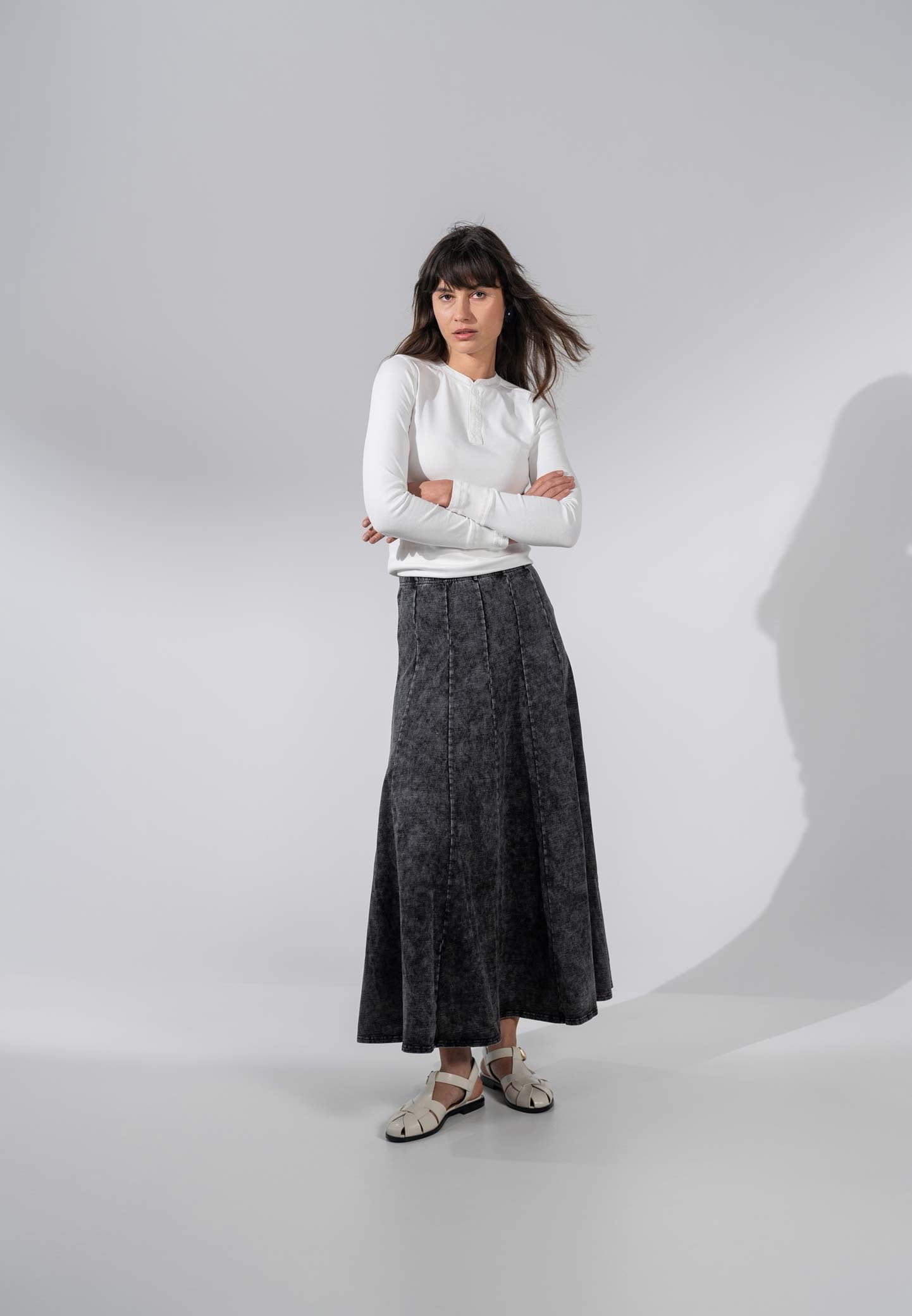 Paneled Flare Skirt 37"-Black Wash