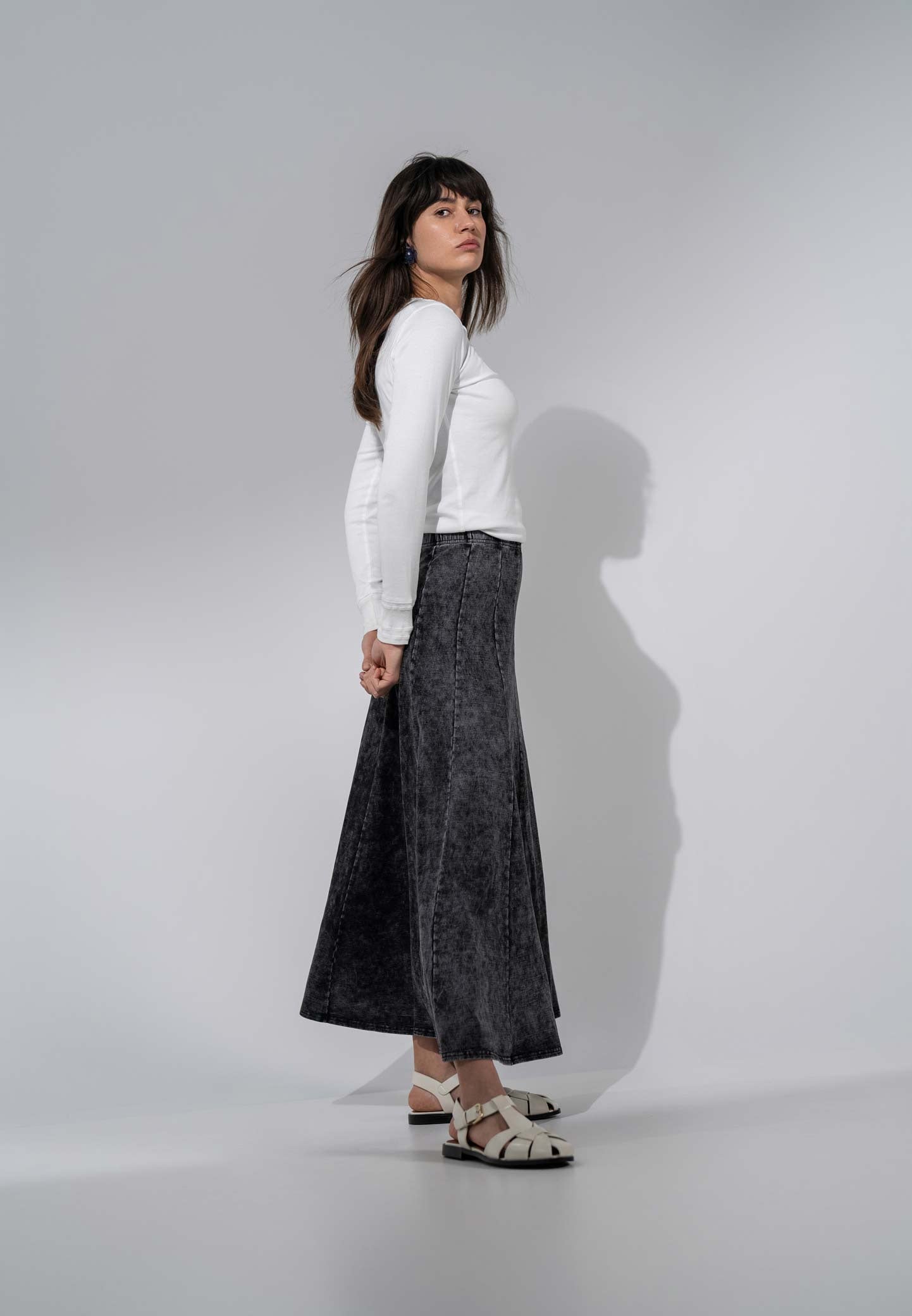 Paneled Flare Skirt 35"-Black Wash