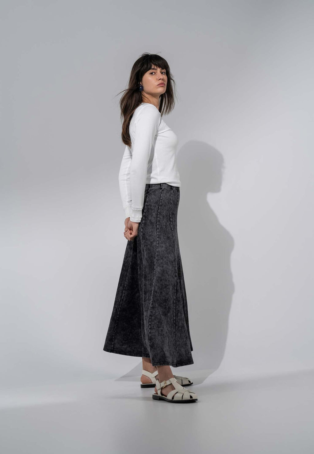 Paneled Flare Skirt 37"-Black Wash