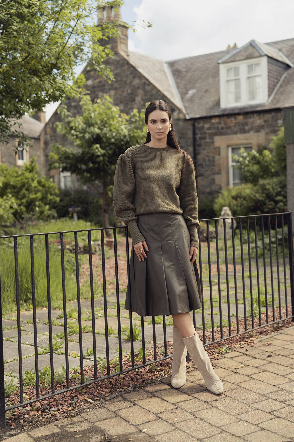 Faux Leather Stitch Down Pleated Skirt-Olive Green