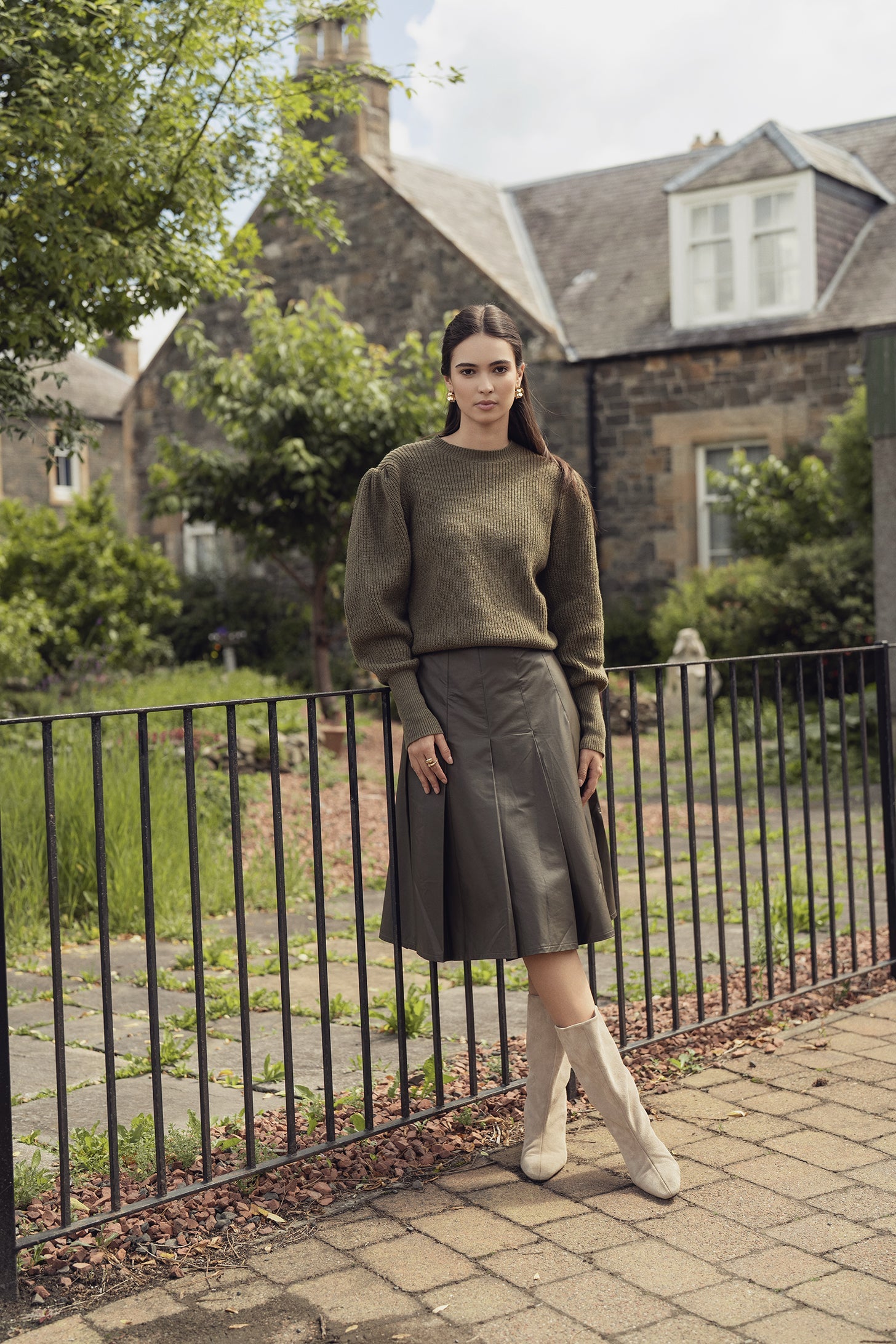 Faux Leather Stitch Down Pleated Skirt-Olive Green