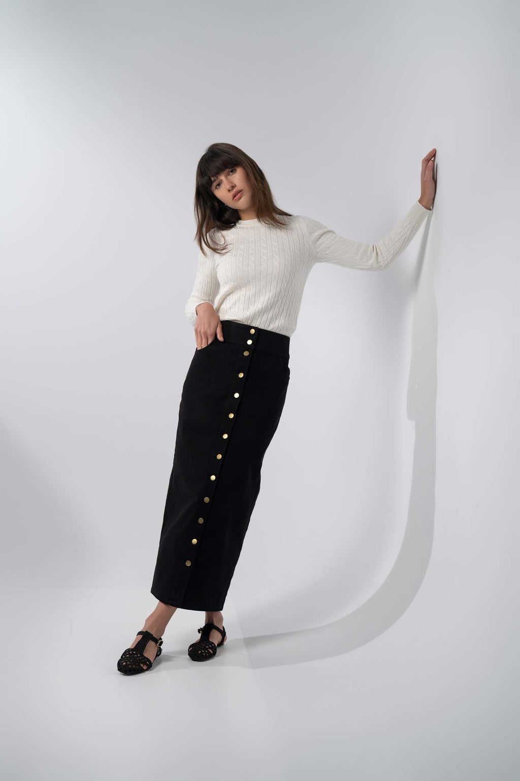 Button Down Denim Skirt-Black