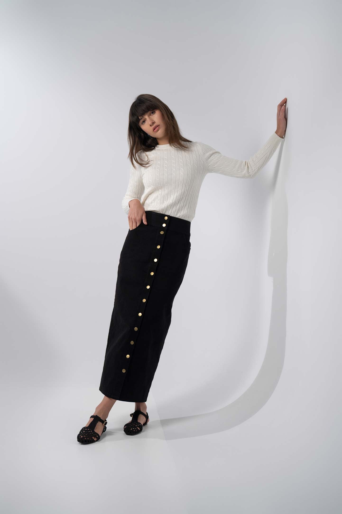 Button Down Denim Skirt-Black