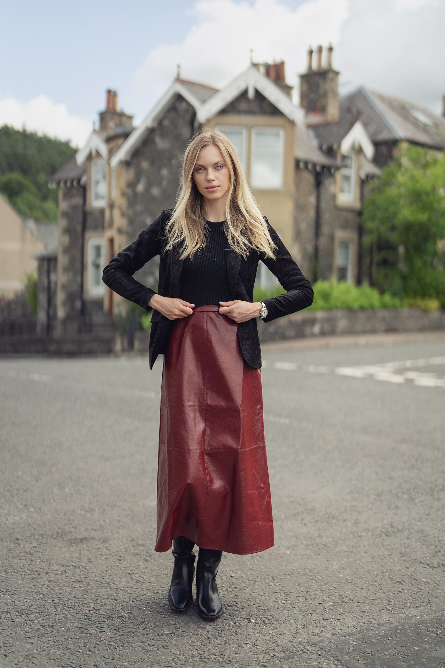 Coated Faux Leather A-Line Skirt-Burgundy