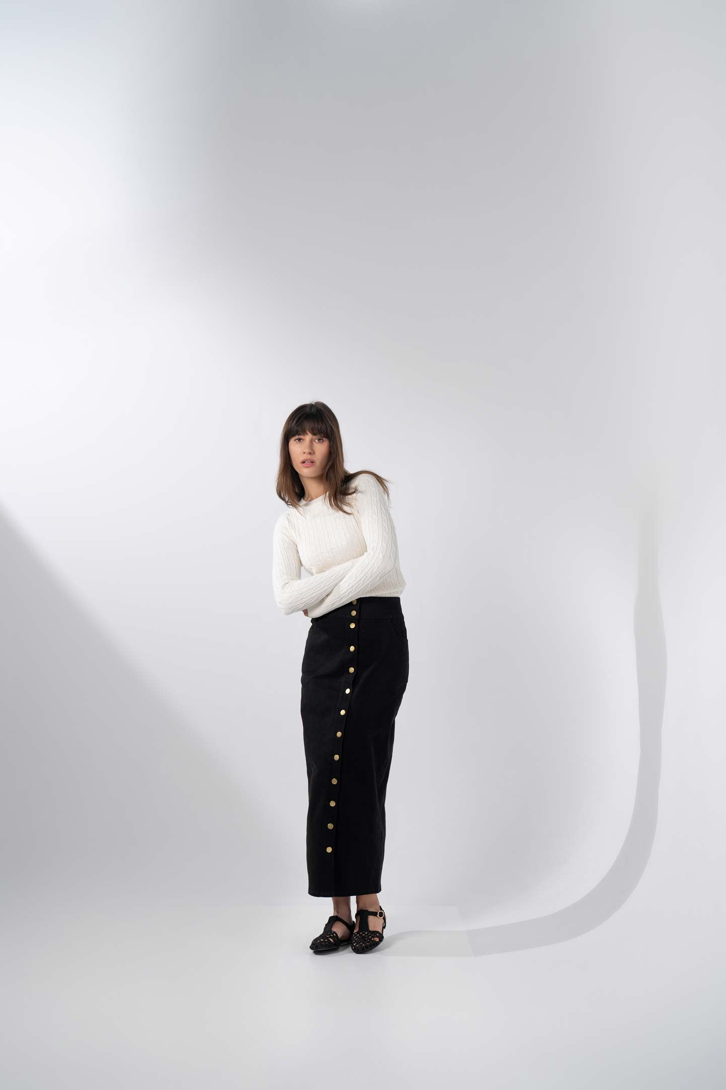 Button Down Denim Skirt-Black