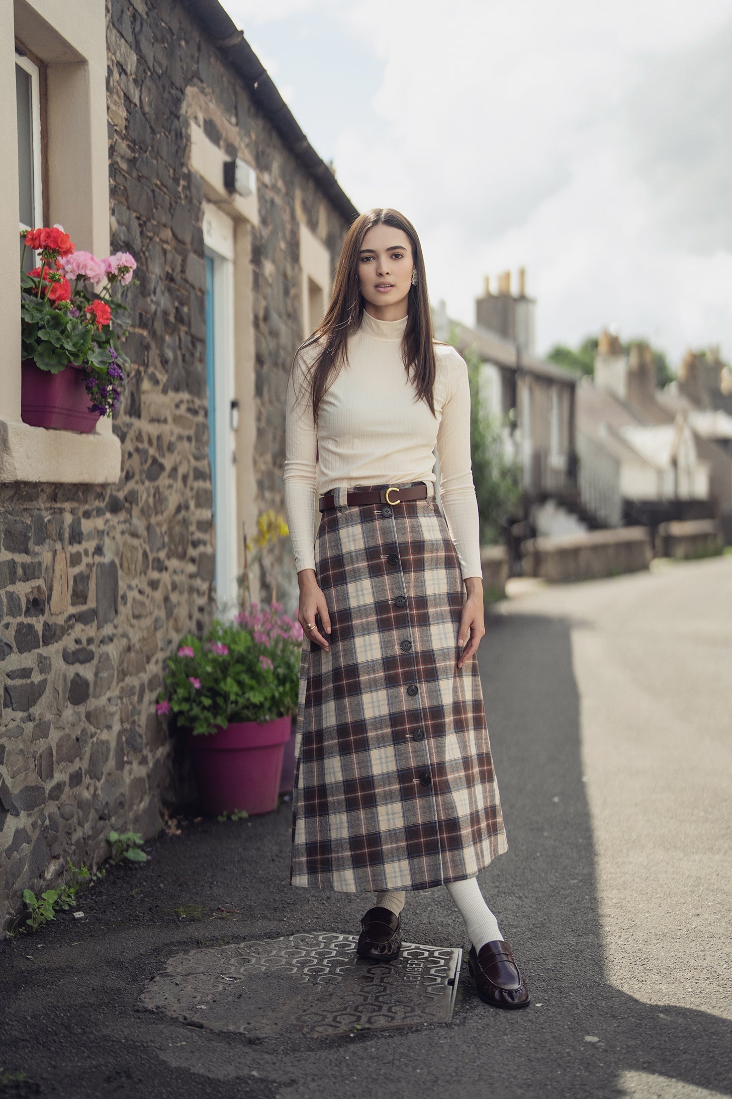 Plaid Button Down A-Line Skirt-Ivory/Tan/Brown
