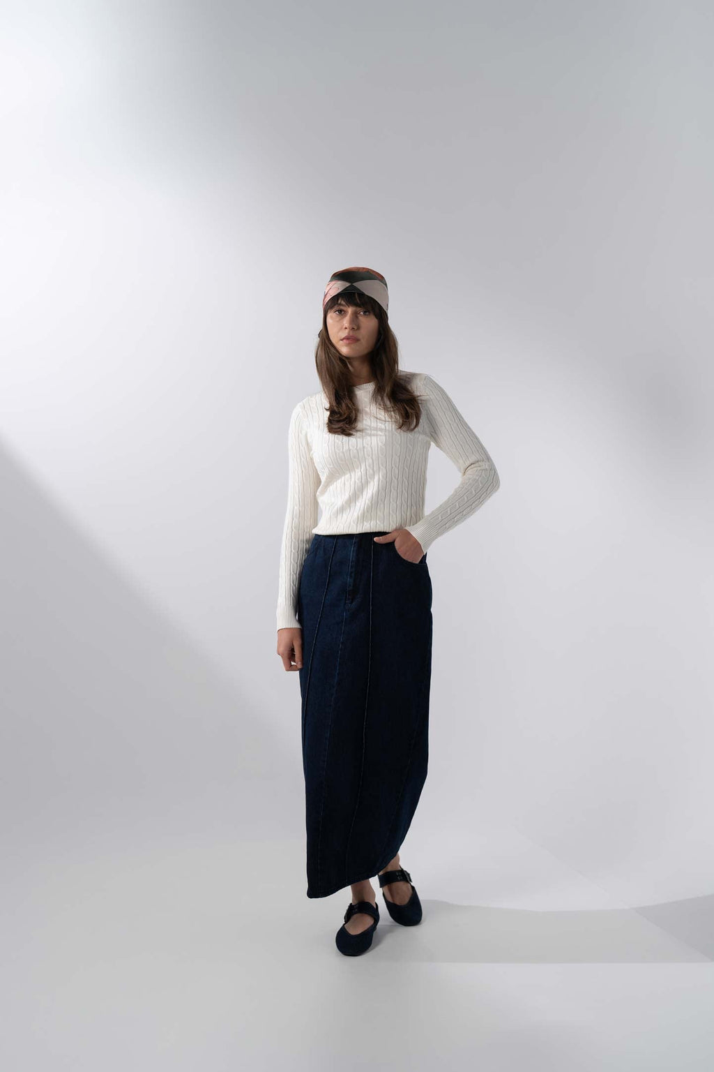 Denim Seamed Skirt-Dark Blue