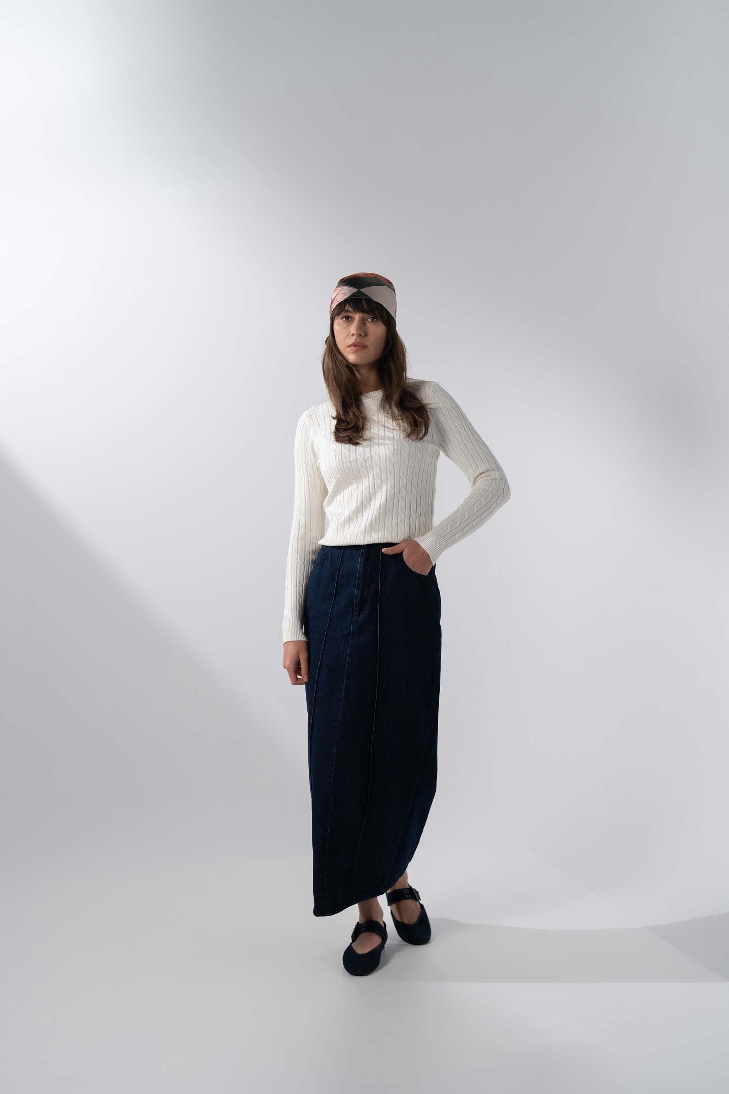 Denim Seamed Skirt-Dark Blue