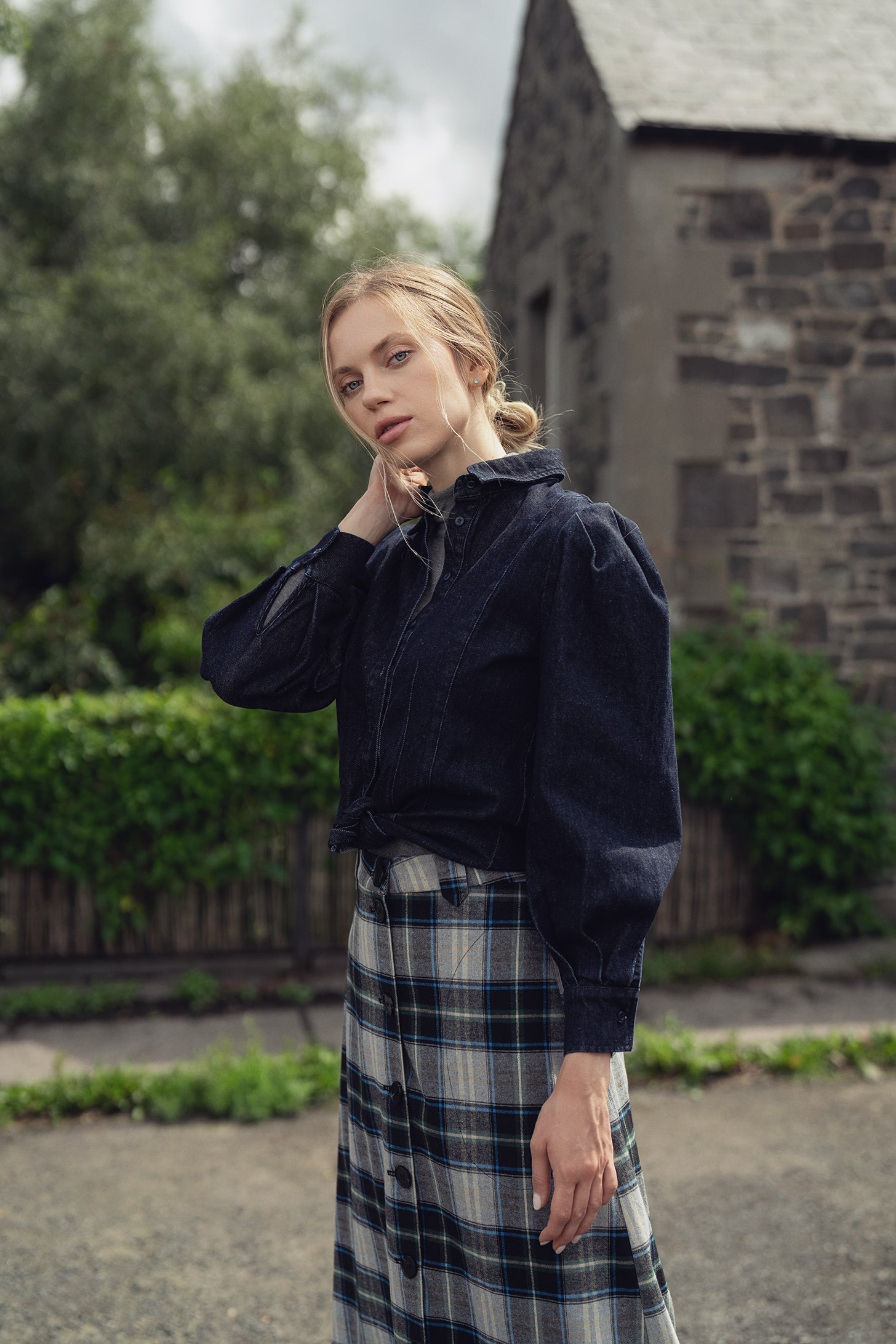 Puff Sleeve Denim Shirt-Blue