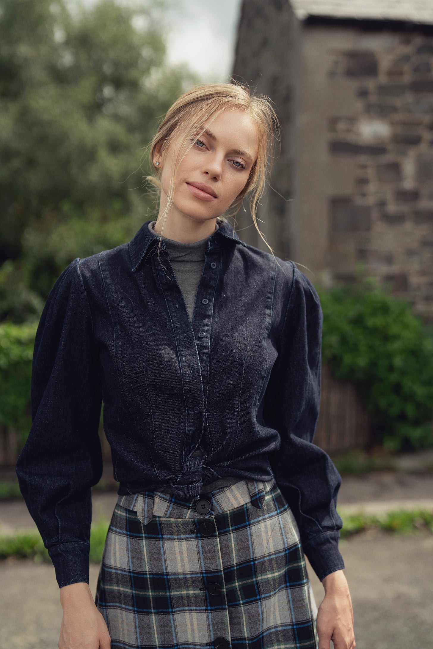 Puff Sleeve Denim Shirt-Blue