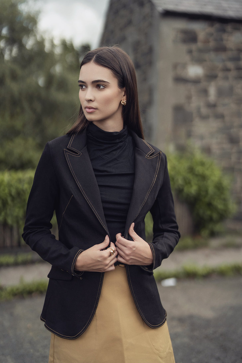 Stretch Denim Blazer-Black