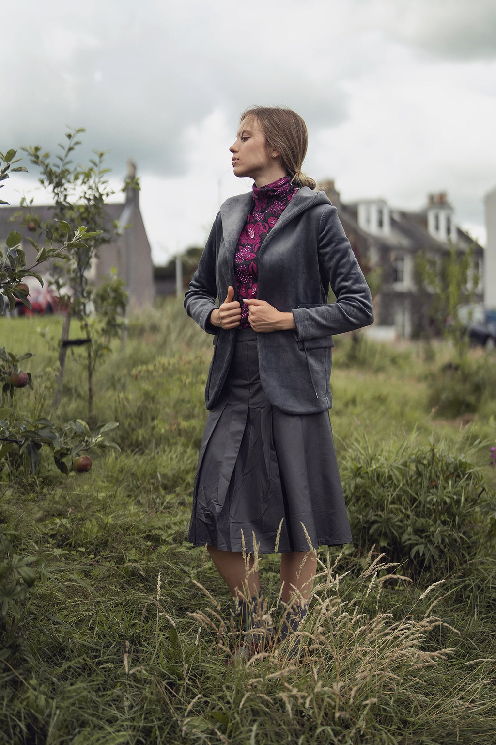 Faux Leather Stitch Down Pleated Skirt-Grey