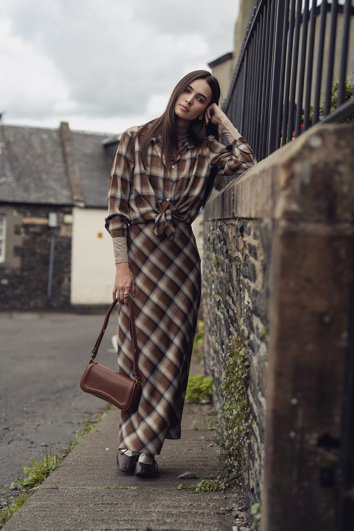 Button Down Blouse-Brown Plaid