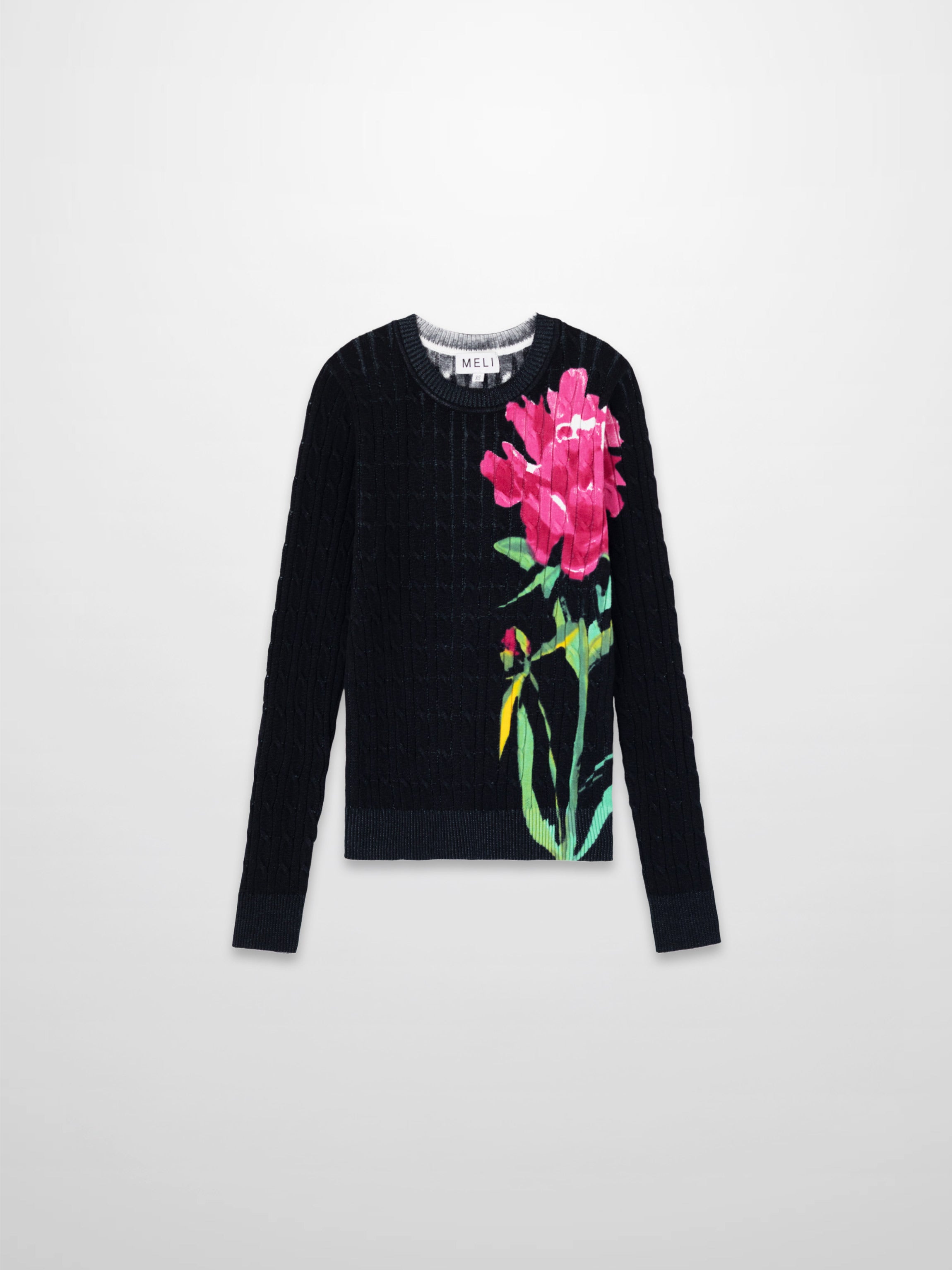 Printed Cable Sweater-Black Flower